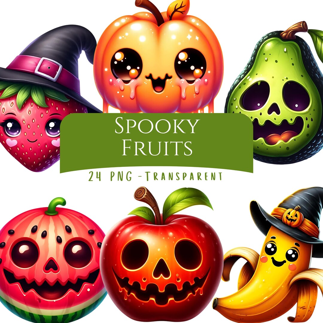 Spooky Fruits Clipart Bundle 24 PNG Cartoon Fruit Faces Happy Printable ...