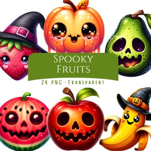 Spooky Fruits Clipart Bundle 24 PNG Cartoon Fruit Faces Happy Printable Digital Download Digital Stickers Halloween Chibi Funny Fruit Bundle