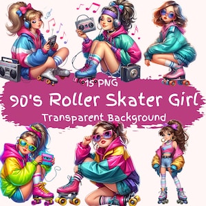 90s Roller Skater Girl Clipart Bundle 15 PNG Files 90s Digital Art Pack Cute Girl Roller Skates Images Retro Graphics Junk Journal Images