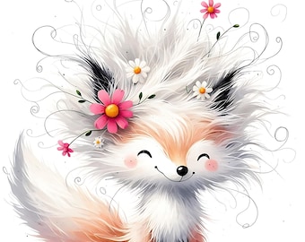 15 JPG eigenzinnige bloem White Fox clipartbundel aquarel eigenzinnige Fox digitale download schattige poolvos afdrukbare bloemen dier papier ambachten