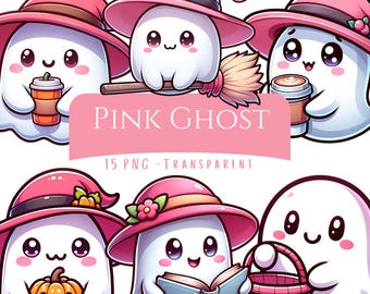 Pink Ghost Clipart bundel 15 PNG schattig pastel Halloween Ghost digitale download afdrukbare stickers Spooky Season Ghost sublimatie ontwerpen PNG
