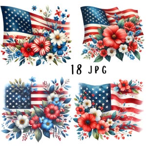 Bundle de cliparts floral drapeau américain 18 JPG aquarelle florale 4 juillet téléchargement numérique Clipart fête de l'indépendance imprimable graphiques numériques