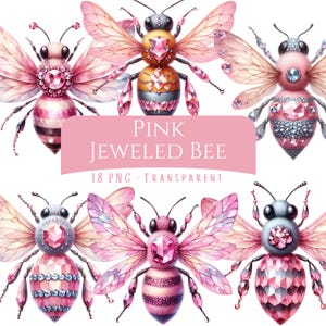 Pink Jeweled Bee Clipart Bundle 18 PNG High Quality Watercolor Cute Pastel Queen Bee Digital Download Printable Stickers Scrapbooking Pages