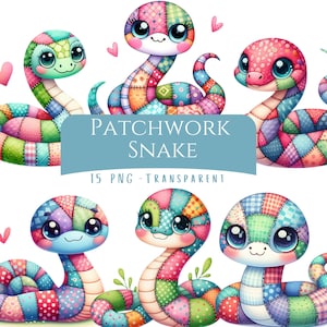Patchwork Snake Clipart Bundle 15 PNG High Quality Cute Watercolor Quilted Snake Digital Download Printable Art Files Pastel Patch Reptiles