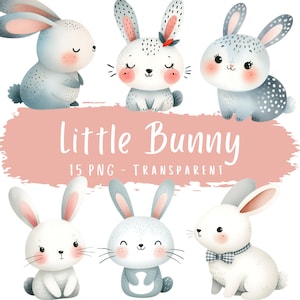 Little Bunny Clipart Bundle 15 PNG High Quality Pastel Watercolor Cute Rabbit Digital Download Kids Printable Paper Craft Baby Nursery Decor