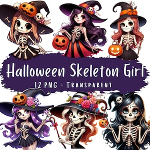 Halloween Skelett Mädchen Clipart Bundle 12 PNG hochwertige Cartoon Halloween Hexe Digital Download Süßes oder Saures druckbare Aufkleber