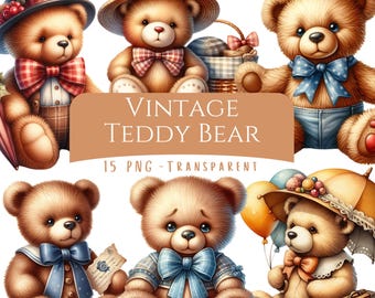 Zestaw clipartów Vintage Teddy Bear 15 PNG Wysokiej jakości akwarela Uroczy retro miś Vintage Tea Party Cyfrowe pobieranie Wydrukowane strony dziennika