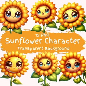 Sonnenblume Charakter Clipart Bundle 15 PNG hochwertige niedliche glückliche Sonnenblume Digitale Kunst druckbare Dateien Digitaler Download Aufkleber Kartenherstellung