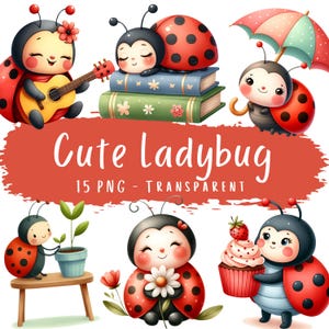 Cute Ladybug Clipart Bundle 15 PNG Watercolor Cute Nursery Ladybug Decor Digital Download Book Lover  Printable Stickers Digital Scrapbook