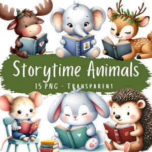 Storytime dieren clipartbundel 15 png hoge kwaliteit aquarel lezen dieren digitale download baby dierentuin kinderkamer afdrukbare muur kunst digitaal