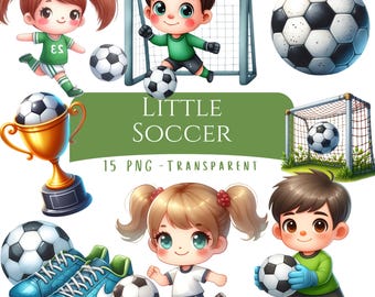 Pacchetto di clipart di Little Soccer 15 PNG di alta qualità con acquerello di gioco di calcio, pallone sportivo, download digitale, poster di design a sublimazione di calcio PNG