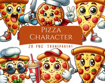 Pizza karakter clipart bundel 20 PNG schattig eten clip art junkfood Digtal download graphics grappige pizza mascotte eten afbeeldingen logo ontwerp