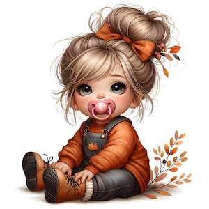 15 JPG Little Fall Baby Girl Clipart Bundle High Quality Autumn Toddler Digital Download Fall Junk Journal Printable Fall Chibi Baby Art