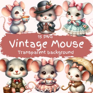 Könnte beinhalten: Ein Set mit 15 digitalen Illustrationen von Mäusen im Vintage-Stil. Die Mäuse sind in verschiedenen Posen dargestellt und tragen unterschiedliche Outfits, darunter einen Zylinder, ein Kleid und eine Fliege. Die Illustrationen haben einen transparenten Hintergrund.