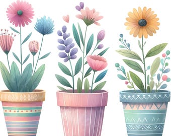 15 JPG Pastel Flower Pots Digital Art Bundle Beautiful Whimsical Watercolor Florals Digital Download Printable Plant Scrapbook Paper Craft