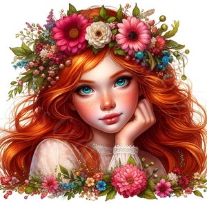 Pacote de 15 clipart de garota ruiva encantada em JPG, aquarela, garota floral, download digital, linda garota ruiva, páginas para impressão, artesanato em papel JPGs