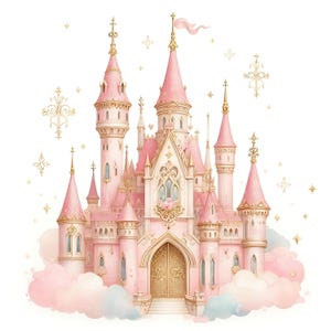 Pode incluir: Um castelo rosa e dourado com detalhes intrincados, rodeado por nuvens fofas. O castelo tem m&uacute;ltiplas torres, telhados pontiagudos e um grande port&atilde;o dourado.