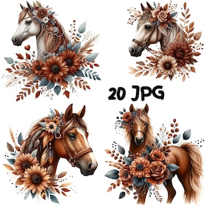 20 JPG Boho Flower Horse Clipart Bundle Watercolor Brown Horse Digital Download Printable Digital Paper Pages Horse Lover Decor Scrapbooking