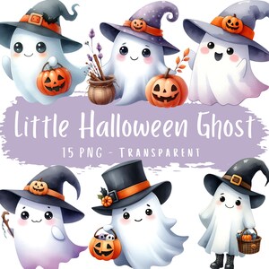 Lot de 15 cliparts petit fantôme d'Halloween PNG haute qualité fantôme aquarelle en téléchargement numérique Cartes imprimables Halloween mignon graphique numérique