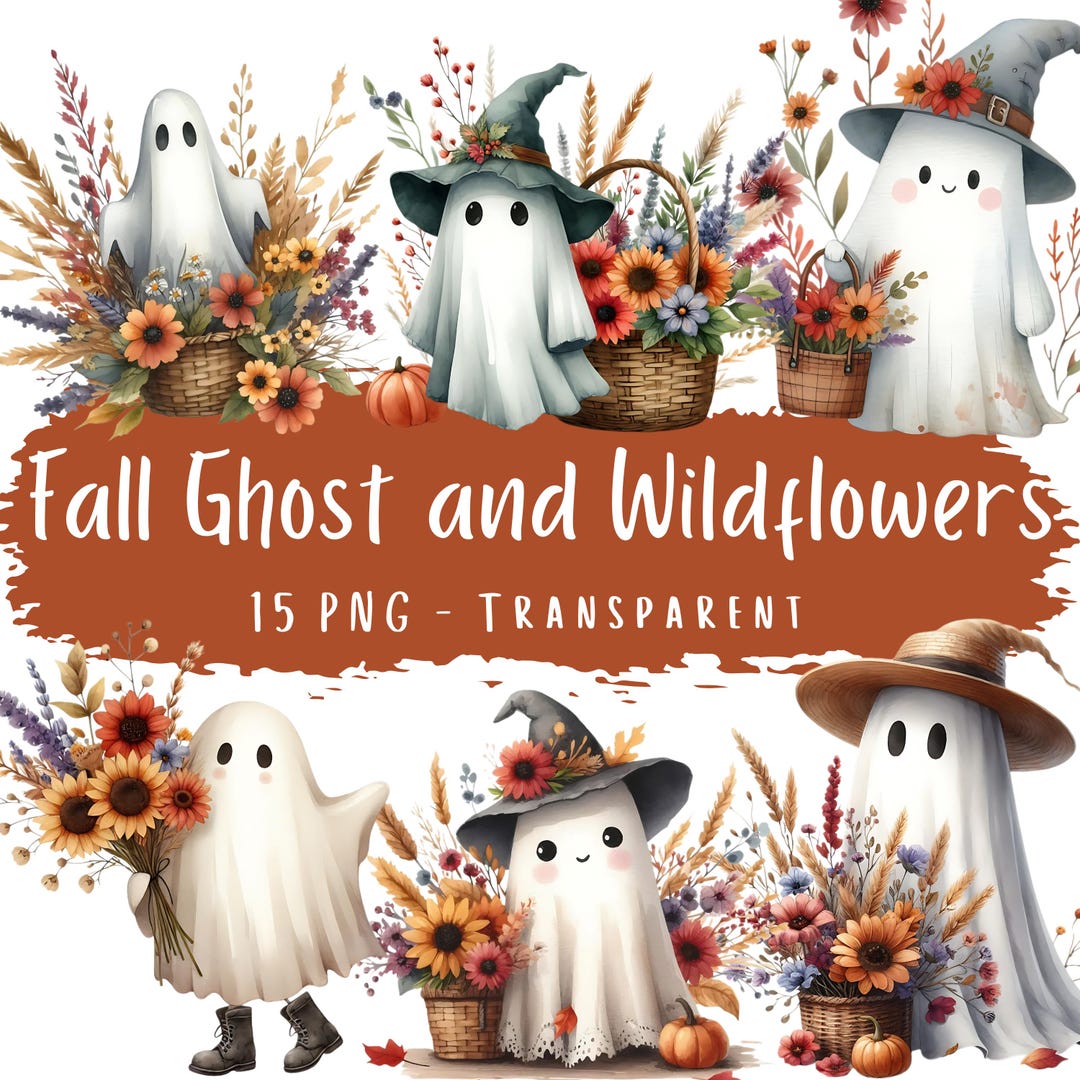 Fall Gost Fall Ghost and Wildflowers Clipart Bundle 15 PNG High Quality ...