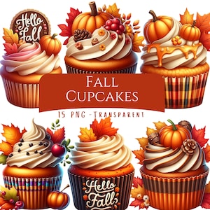May include: Six cupcakes with autumn decorations, including pumpkins and leaves, sit in brown cases. The cupcakes have white frosting. A brown banner reads "Fall Cupcakes". Two cupcakes feature the text "Hello Fall".