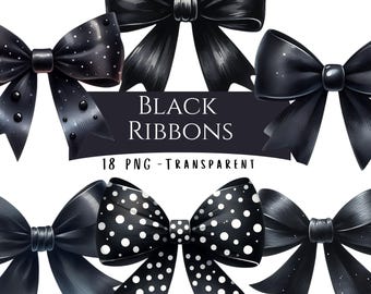 Black Ribbons Clipart Bundle 18 PNG Digital Download Printable Gothic Coquette Bow Ribbons Digital Graphics Pack Cute Watercolor Bow Images