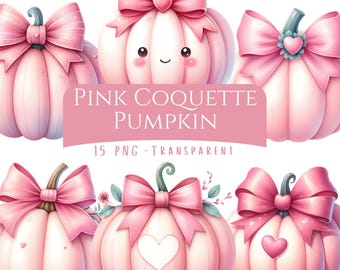 Pink Coquette Pumpkin Clipart Bundle 15 PNG High Quality Watercolor Cute Pink Fall Pumpkin Digital Download Thanksgiving Printable Sticker