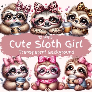 Süßes Faultier Mädchen Clipart Bundle 12 PNG Hochwertige Aquarell Coquette Bogen Kaffee Girly Faultier Druckbare Aufkleber Digitales Basteln Downloads