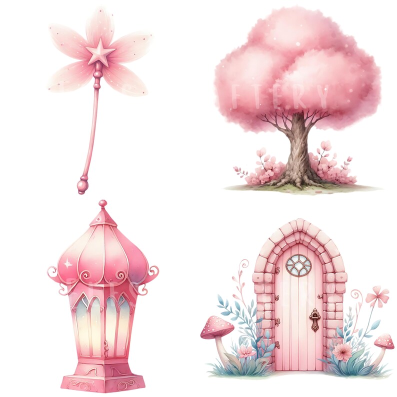 Pink Fairy Garden Clipart Bundle 50 PNG High Quality Watercolor Fairy ...