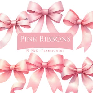 Pink Ribbons Clipart Bundle 15 PNG Digital Download Printable Rose Coquette Bow Ribbons Digital Graphics Pack Cute Printables Watercolor Bow