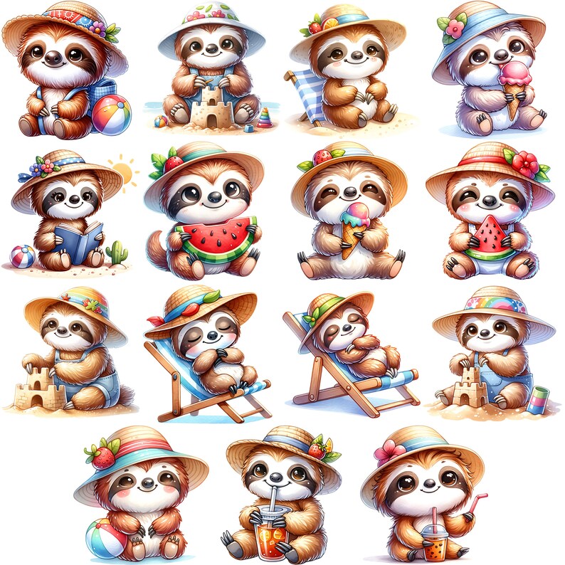 Summer Spring Sloth Beach Day Sloth Clipart Bundle 15 PNG High Quality Watercolor Summer ...