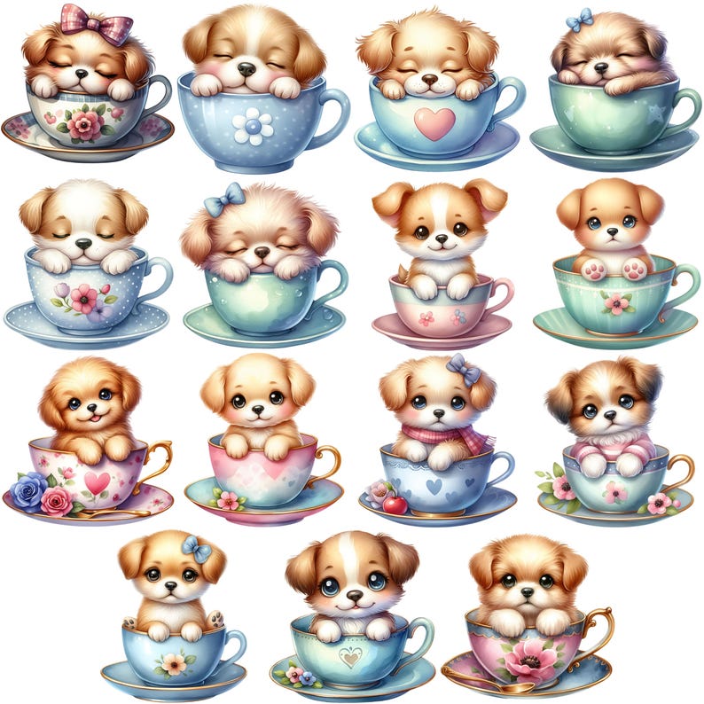 Teacup Puppies Clipart Bundle 15 PNG Cute Watercolor Floral Vintage ...