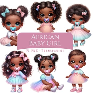 African Baby Girl Clipart Bundle 15 PNG High Quality Watercolor Cute Little Afro Girl Digital Download Printable Toddler Baby Shower PNG's