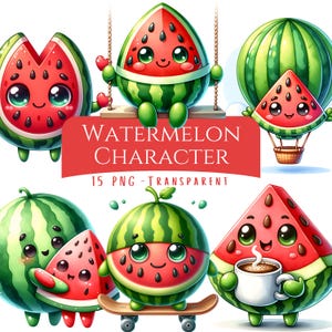 Watermelon Character Clipart Bundle 15 PNG High Quality Kawaii Watermelon Fruit Digital Art Watercolor Fruit Ilustrations Printable Graphics image 1