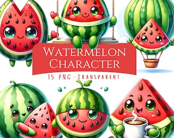 Watermelon Character Clipart Bundle 15 PNG High Quality Kawaii Watermelon Fruit Digital Art Watercolor Fruit Ilustrations Printable Graphics