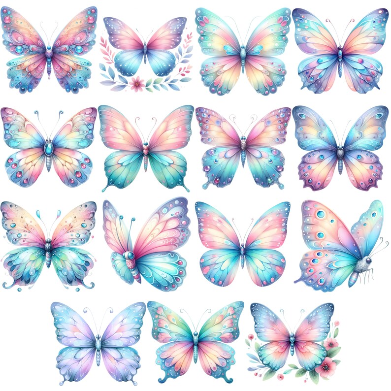 Pastel Butterfly Clipart Bundle 15 PNG High Quality Watercolor Cute Soft Butterfly Digital Download Printable Files Scrapbooking Graphics image 7