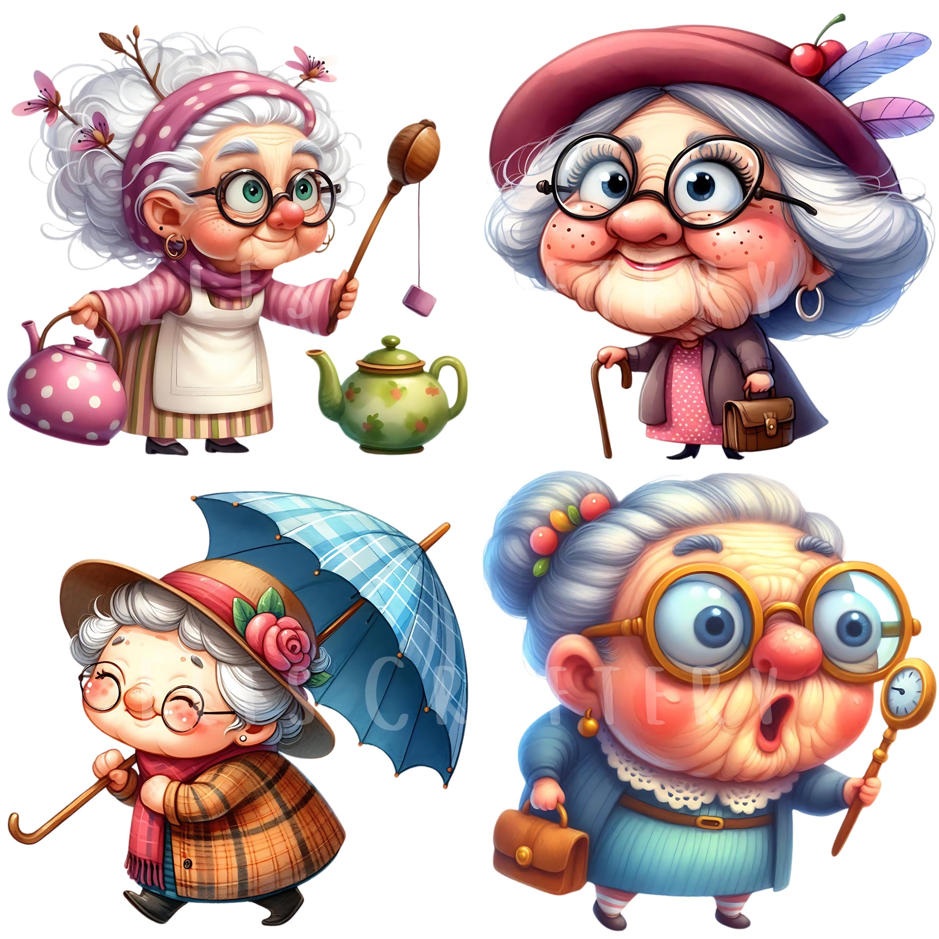 Funny Grandma Clipart Bundle 15 PNG High Quality Watercolor Cute Quirky ...