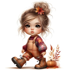 15 JPG Fall Baby Girl Clipart Bundle High Quality Little Autumn Child Digital Download Fall Junk Journal Printable Fall Chibi Girl Stickers