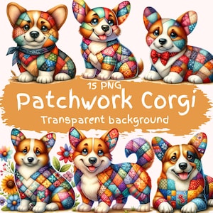 Paquete de 15 imágenes prediseñadas de Corgi de patchwork, de alta calidad, con adorables Corgi acolchados en acuarela, para descargar digitalmente, archivos de arte imprimibles, lindos cachorros de Corgi en formato PNG.