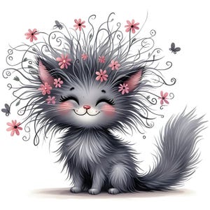 Lot de 15 cliparts JPG, fleurs originales, chat gris, aquarelle chaton drôle, téléchargement numérique, joli chat floral, pages imprimables, travaux manuels en papier, scrapbooking