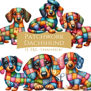 Paquete de 15 imágenes prediseñadas de perro salchicha de patchwork, PNG, de alta calidad, con lindo perro salchicha acolchado, descarga digital, archivos de arte imprimibles, parche de color, perro salchicha