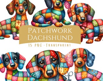 Patchwork Dachshund Clipart Bundle 15 PNG di alta qualità Carino trapuntato bassotto cane download digitale file di arte stampabile colore toppa cane salsiccia