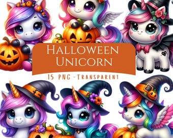 Könnte beinhalten: Eine digitale Illustration mit Cartoon-Einhörnern mit bunten Mähnen und Hörnern. Die Einhörner sind mit Halloween-Themen dekoriert, darunter Hexenhüte und geschnitzte Kürbisse. Der Text "HALLOWEEN UNICORN" wird auf einem orangefarbenen Banner angezeigt.