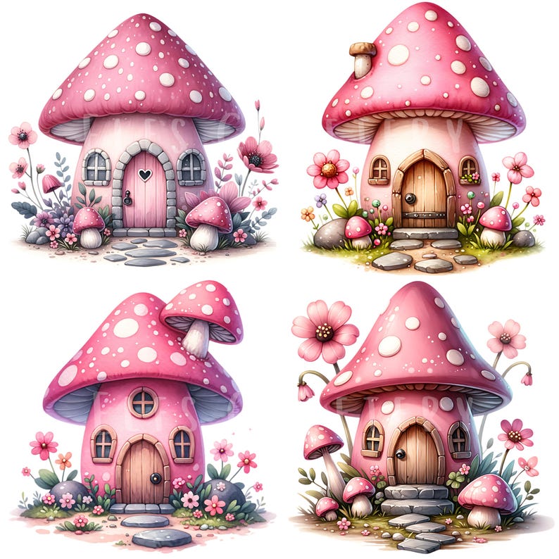 Pink Mushroom House Clipart Bundle 15 PNG High Quality Watercolor ...