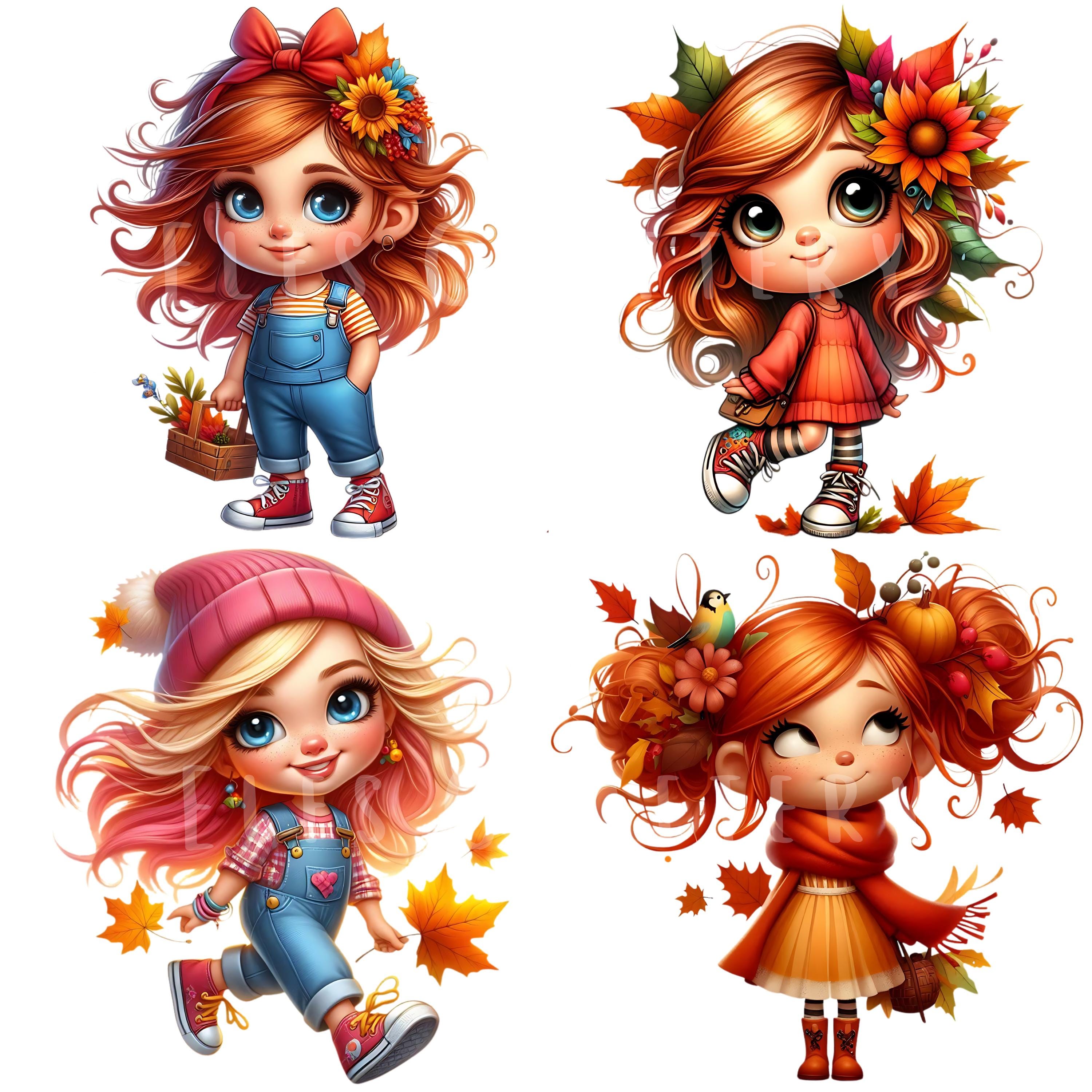 Little Autumn Girl Clipart Bundle 15 PNG High Quality Watercolor Quirky ...
