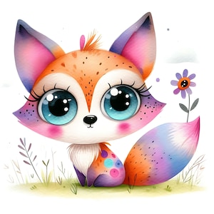 Paquete de 15 imágenes prediseñadas de zorros pequeños y caprichosos en formato JPG, acuarela, lindos zorros del bosque pastel, descarga digital, imágenes prediseñadas imprimibles, arte de pared caprichoso