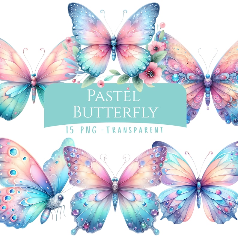 Pastel Butterfly Clipart Bundle 15 PNG High Quality Watercolor Cute Soft Butterfly Digital Download Printable Files Scrapbooking Graphics image 1