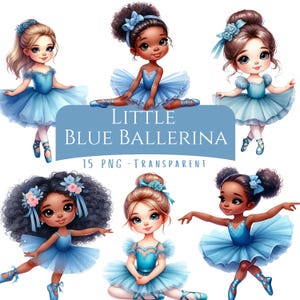 Kleine blaue Ballerina Clipart Bundle 15 PNG hochwertige Aquarell niedliche Ballerina Party Printables digitaler Download schwarze Ballerina Mädchen