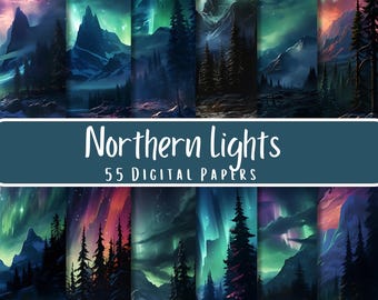 Northern Lights Digital Papers 55 PNG and JPG Files High Quality Aurora Lights Scenery Bundle Junk Journal Scrapbooking Digital Paper Images