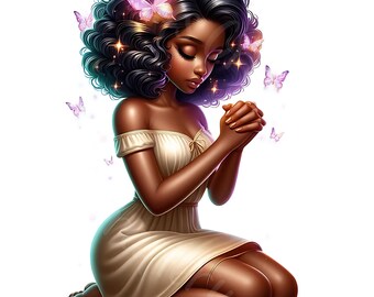 15 JPG Praying African Cuties Clipart Bundle Beautiful Black Enchanted Girl Digital Download Faith Junk Journal Printables Afro Girl JPG's